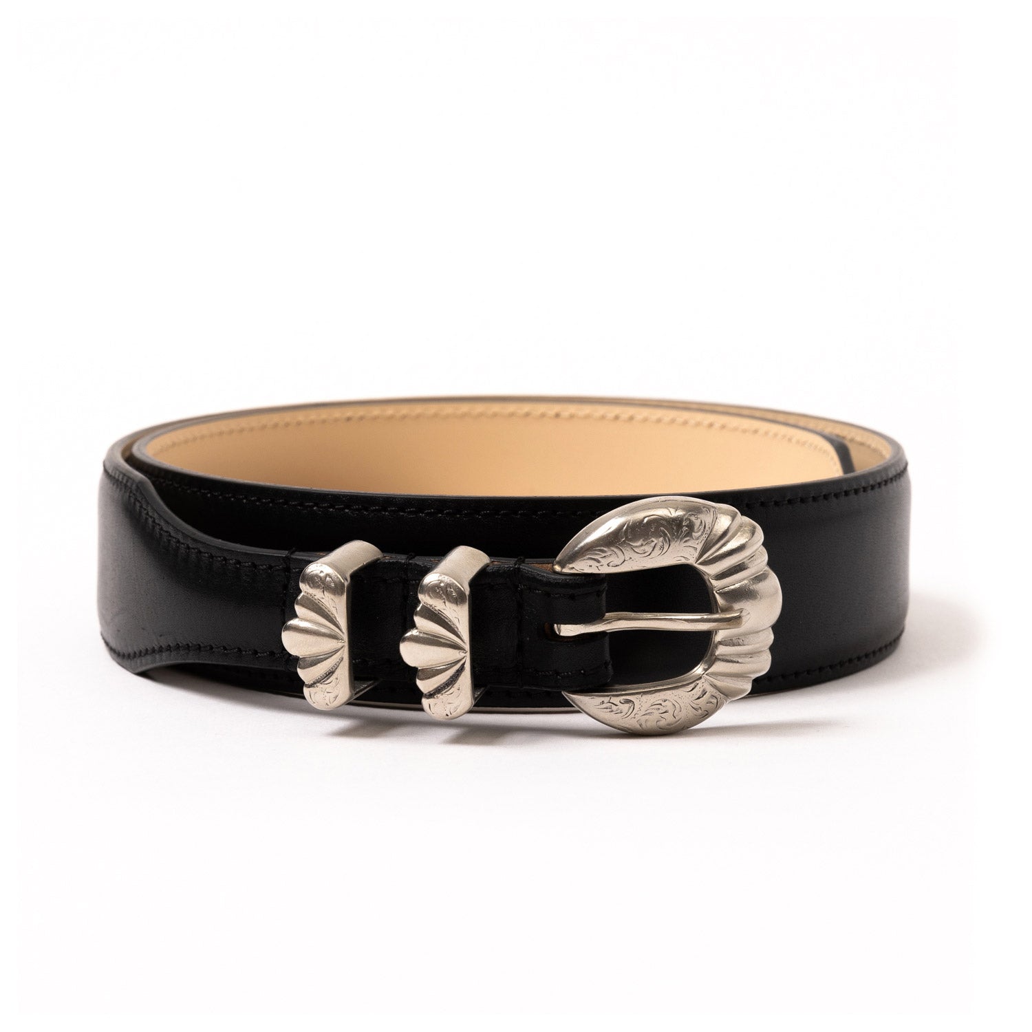 Silver Ostrich x MJ: Western Belt "Versailles" made of Black Calfskin - handcrafted